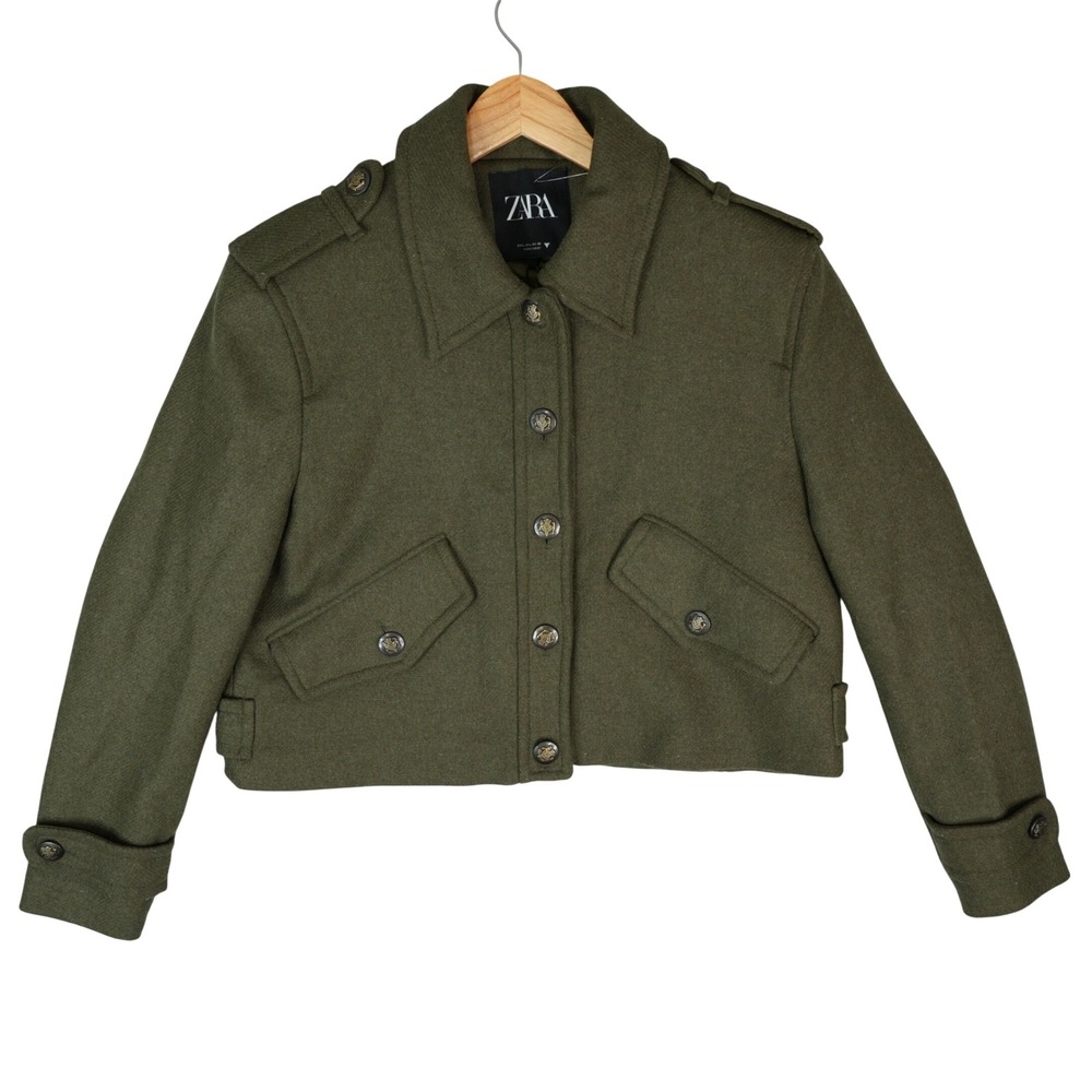 Zara Jacket Womens L Military Style Cropped Olive Green‎ Herringbone Wool Blend